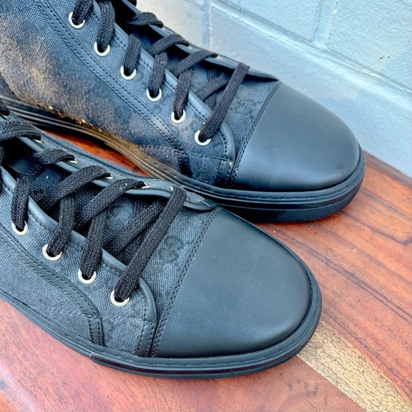 Gucci *AUTHENTICATED* GG High ‘Logo Print’ Black Canvas Sneakers, Men’s SZ 9 - Picture 9 of 16
